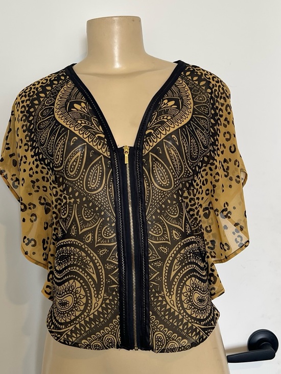bebe Tops - bebe Black and Mustard Paisley & Leopard Zip-Front Sheer Top